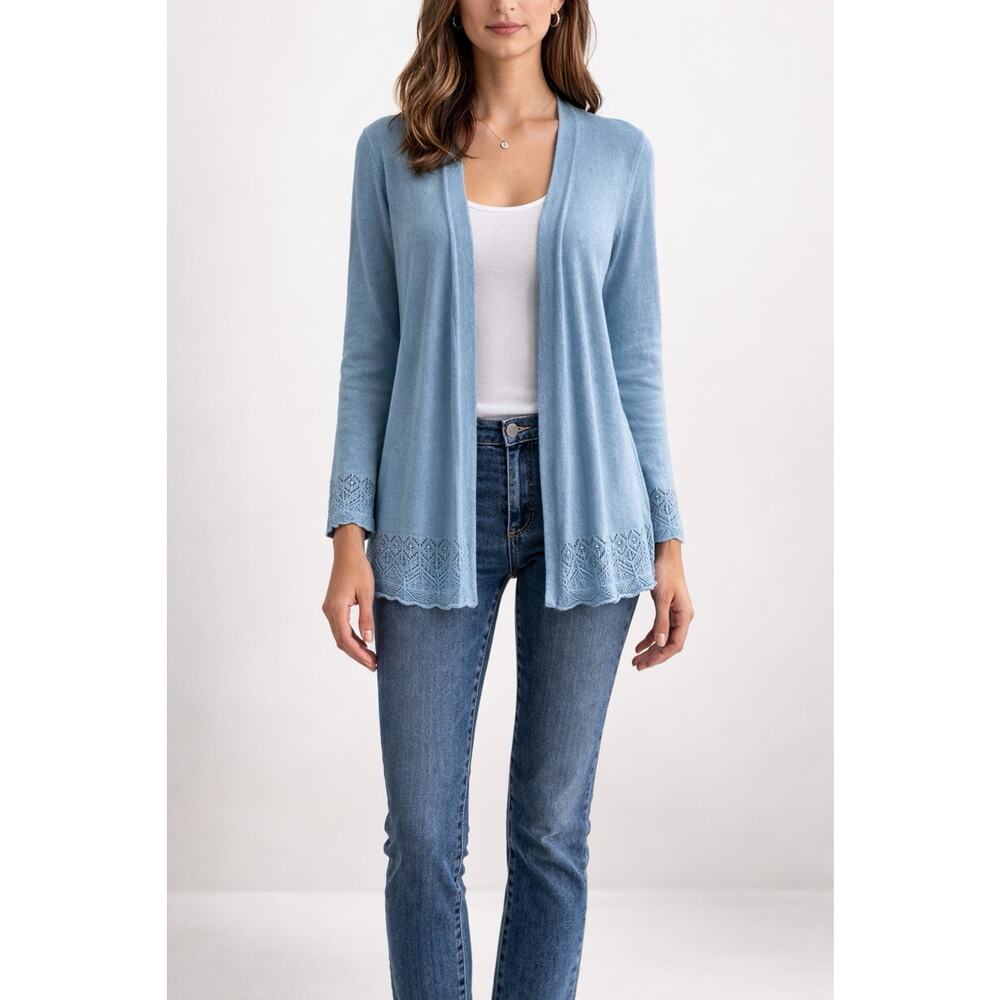 LOFT Blue Pointelle Open Front Cardigan Womens Medium Lightweight Layering